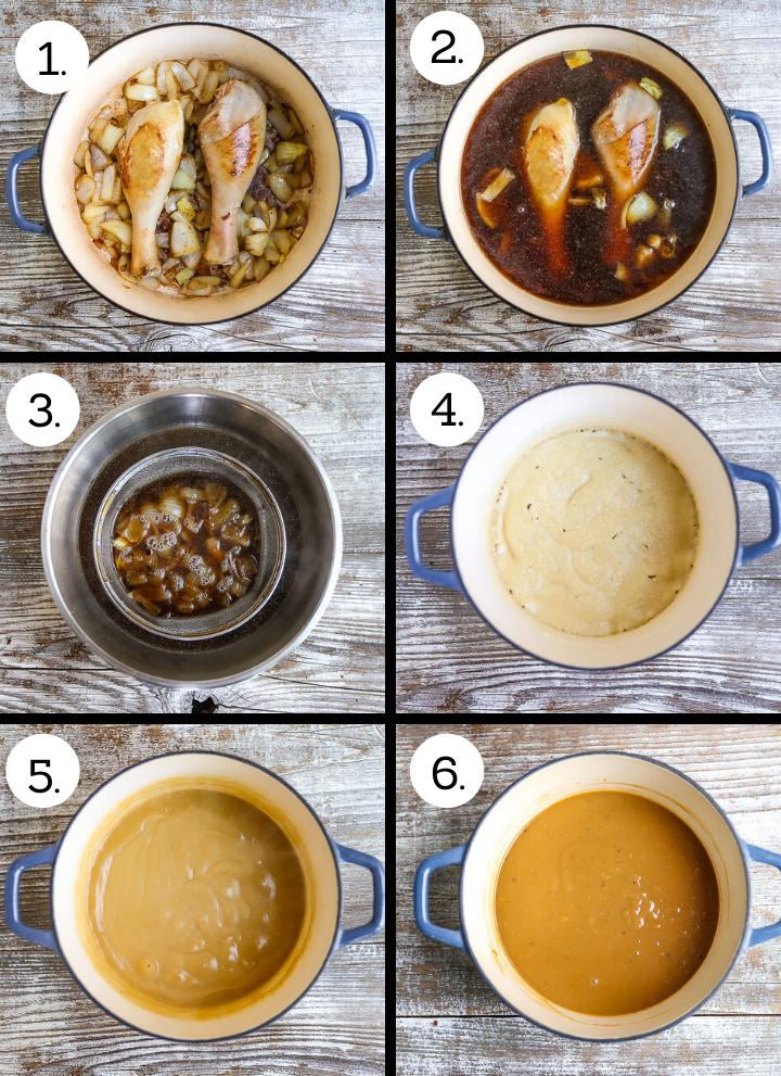 Step by step photos showing how to make make-ahead turkey gravy. Brown the turkey legs and onion (1), cover with stock (2), strain out the solids (3), make a roux (4), whisk in the wine (5), whisk in the stock (6).