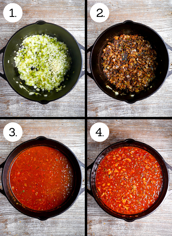 Step by step photos showing how to make Leftover Turkey Chili. Saute onion, peppers and garlic (1), add spices (2). add tomato and stock (3), add turkey and beans (4).