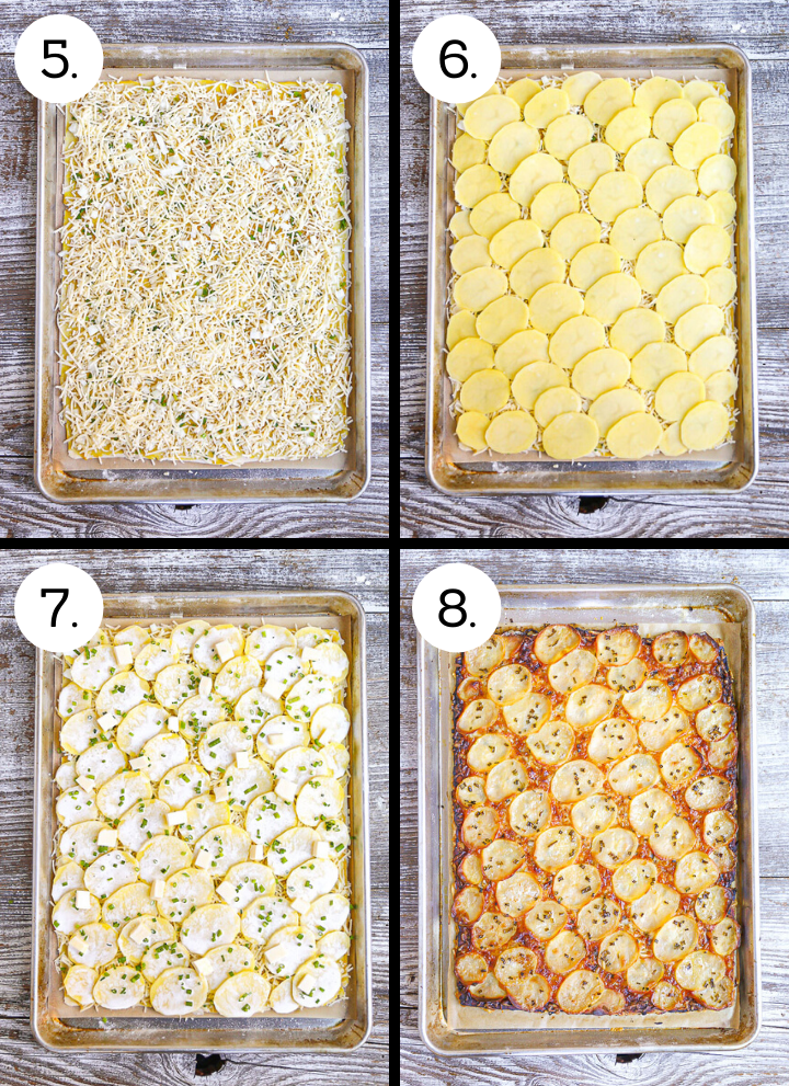 Step by step photos showing how to make a Honey Mustard Potato Tart. Spread the cheese over the top (5), layer the potato slices (6), top with butter and chives (7), bake until golden brown (8).