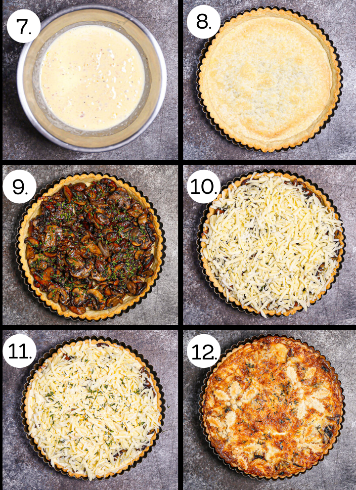 Step by step photos showing how to make a mushroom tart. Beat the eggs and cream (7), remove the pie weights and finish baking (8), fill with the mushroom mixture (9), top with cheese (10), pour the egg mixture over the cheese (11), bake until golden brown and set (12).