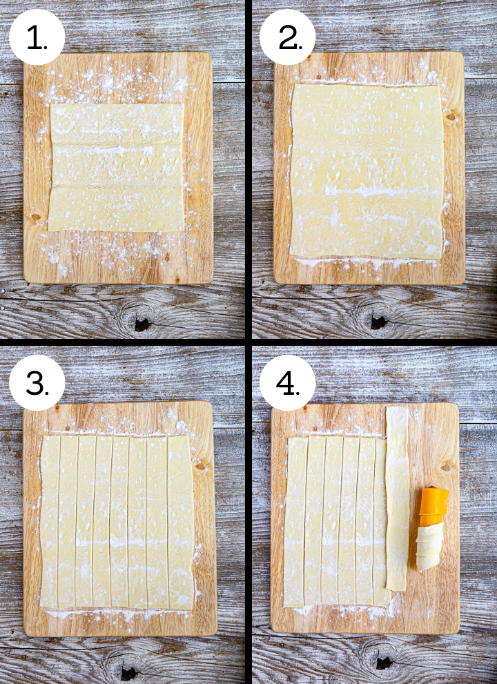 Step by step photos showing how to make Pigs in a Blanket with a TWIST! Lay out the puff pastry sheet (1), roll out slightly (2), cut into 8 strips (3), rolll the strips around the frank (4).