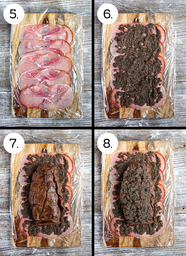 Step by step photos showing how to make Beef Wellington with Red Wine Sauce. Lay out the prosciutto (5), spread on the mushrooms (6), lay the tenderloin on top (7), top with mushrooms (8).