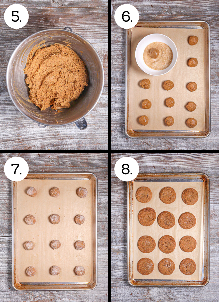 Step by step photos showing how to make Soft Molasses Cookies. Mix in the flour (5), Roll the dough into balls (6), roll in sugar (7), Bake until beginning to crack (8).
