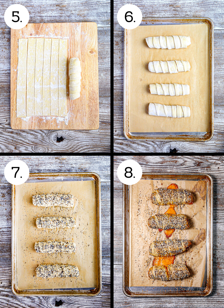 Step by step photos showing how to make Pigs in a Blanket with a TWIST! Finish rolling the franks (5), lay them on a sheet tray (6), brush with egg wash and sprinkle with seeds (7), bake until puffed and golden brown (8).