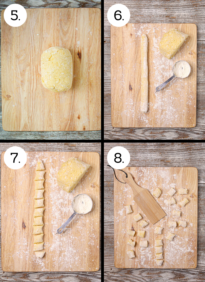 Step by step photos showing how to make homemade gnocchi. Form into a cylinder (5), cut off pieces and roll into a strip (6), cut into one inch pieces (7), roll on ridged paddle (8).