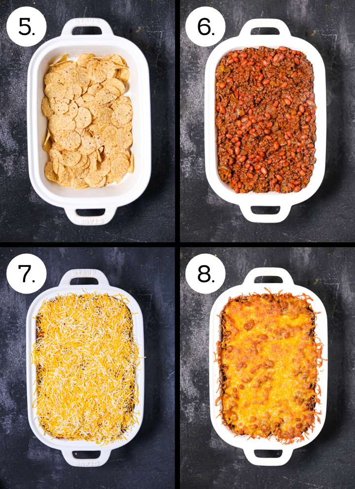 Step by step photos showing how to make Beef Taco Casserole. Pile the chips in the baking dish (5), layer in the beef mixture (6), top with cheese (7), cook until hot and bubbling (8).