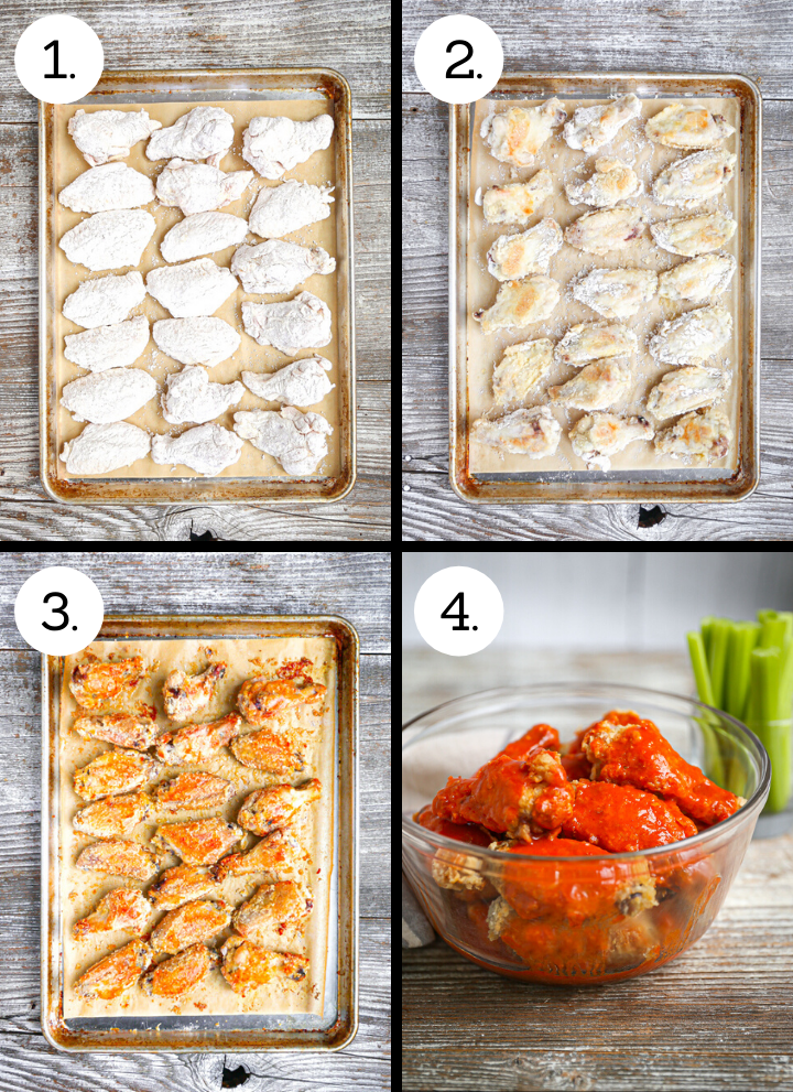 Step by step photos showing how to make crispy baked buffalo wings. Coat the wings in cornstarch and place on a lined sheet tray (1), bake for 30 mins and flip (2), continue baking until golden brown (3) toss in the wings sauce (4).