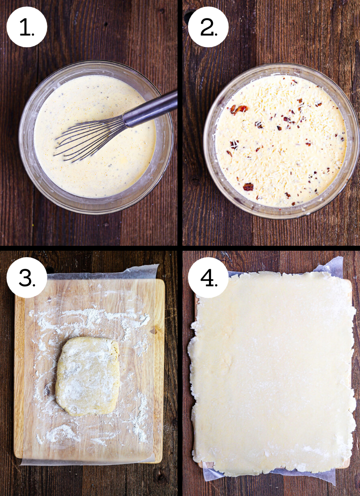 Step by step photos showing how to make Sheet Pan Quiche Lorraine. Whisk the eggs, cream and milk together (1), add the cheese and bacon (2), place the dough on lightly floured surface (3), roll out to larger than the sheet pan (4).