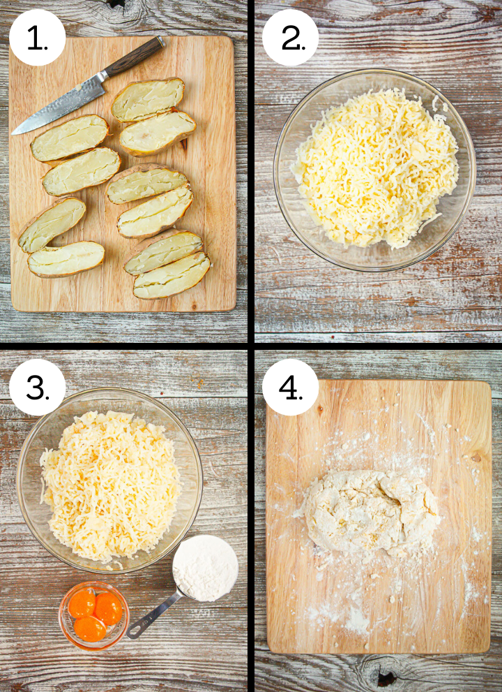 Step by step photos showing how to make homemade gnocchi. Cut the baked potatoes in half (1), rice the potatoes (2), add the yolks and flour (3), turn onto a floured board (4).