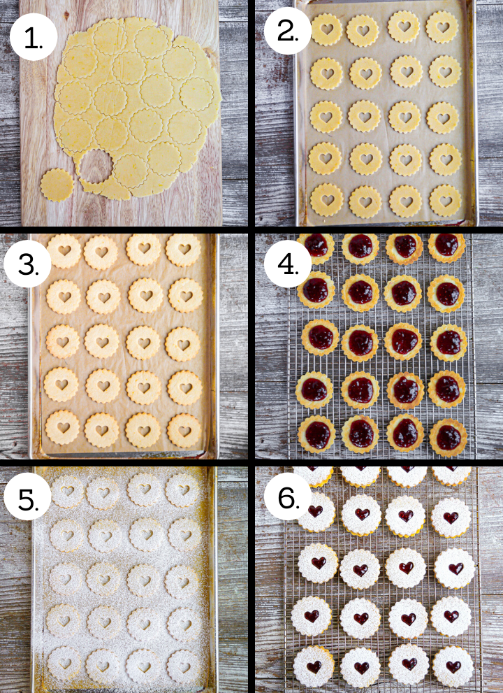 Step by step photos showing how to make Nut-Free Linzer Cookies. Cut out the cookies (1), cut shapes in the tops (2), bake until golden (3), fill with jam (4), dust the tops with powdered sugar (5), put the sandwich cookies together (6).
