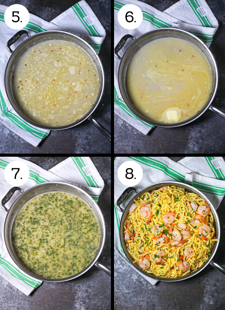 Step by Step photos showing how to make easy shrimp scampi. Add the wine (5), swirl in the butter (6). add the herbs (7), add the pasta and shrimp (8).