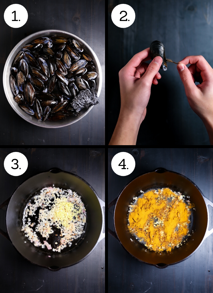 Step by step photos showing how to make Curry Coconut Mussels. Soak and scrub the mussels (1), debeard the mussels (2), saute the shallots, ginger and garlic (3), add the curry (4)