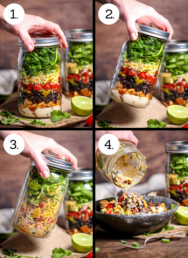 Shaking and serving Layered Mexican Salad in a Jar.
