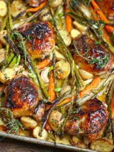 Mustard Glazed Sheet Pan Chicken with loads of veggies.