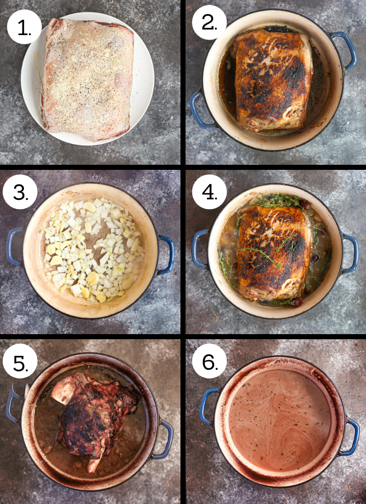 Step by step photos showing how to make Braised Lamb Shoulder with Grapes. Season the lamb shoulder (1), sear it (2), remove and saute onions and garlic (3), Add wine, grapes and herbs (4), Braise until tender (5) strain sauce and rewarm to serve (6).