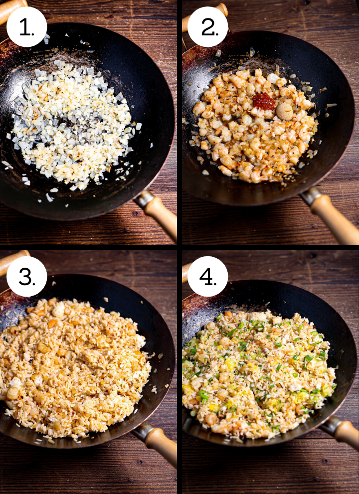 Step by step photos showing how to make Shrimp Fried Rice with Pineapple. Saute the onion and garlic (1),