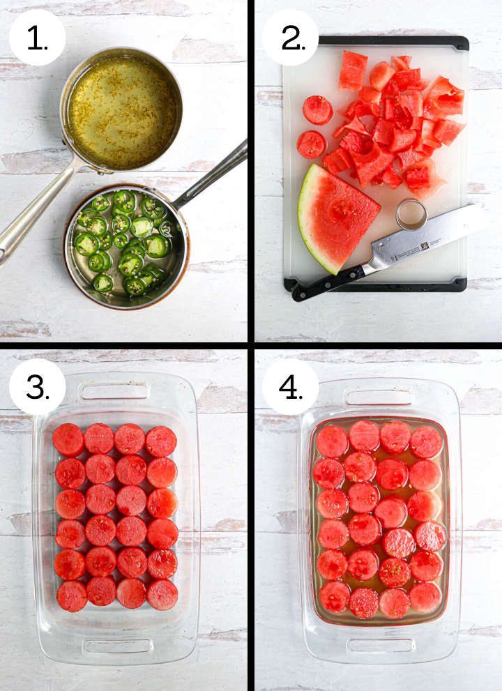Step by step photos showing how to make Margarita Watermelon Bites. Make the simple syrup and candied jalapeños (1), cut out the watermelon rounds (2), place the rounds in a flat dish (3) pour the marinade over the rounds and chill (4)