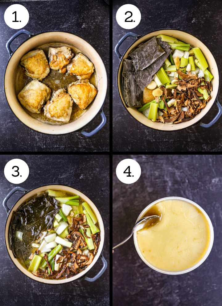 Step by step photos showing how to make Homemade Chicken Ramen. Brown the chicken (1), add the aromatics (2), add water and simmer (3), strain, chill and skim (4).