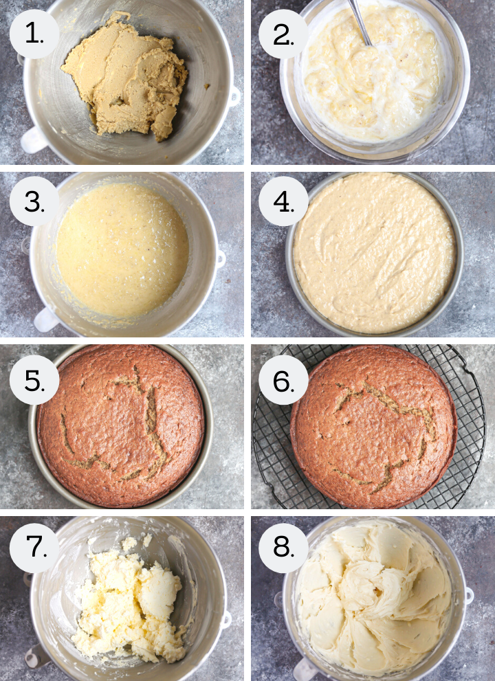 Step by step photos showing how to make Easy Banana Cake with Cream Cheese Icing. Cream the butter and sugar (1), mash the banana with buttermilk (2) combine (3), add dry ingredients and spread in pan (4), bake until set (5), cool on a wire rack (6), Whip the butter and cream cheese (7), beat in the sugar (8).