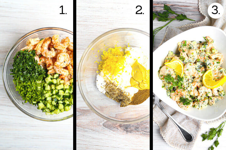 Step by step photos showing how to make Shrimp Salad. Combine the shrimp, herbs and cucumber in a bowl (1), combine the ingredients for the dressing (2), mix together and serve (3).