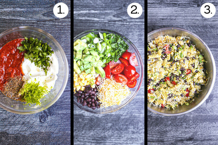 Step by step photos showing how to make Tex-Mex Pasta Salad. Whip up the creamy dressing (1), combine the salad ingredients (2), toss together (3).