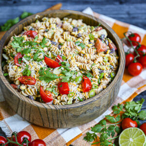 A bowl of Tex-Mex Pasta Salad ready for serving.
