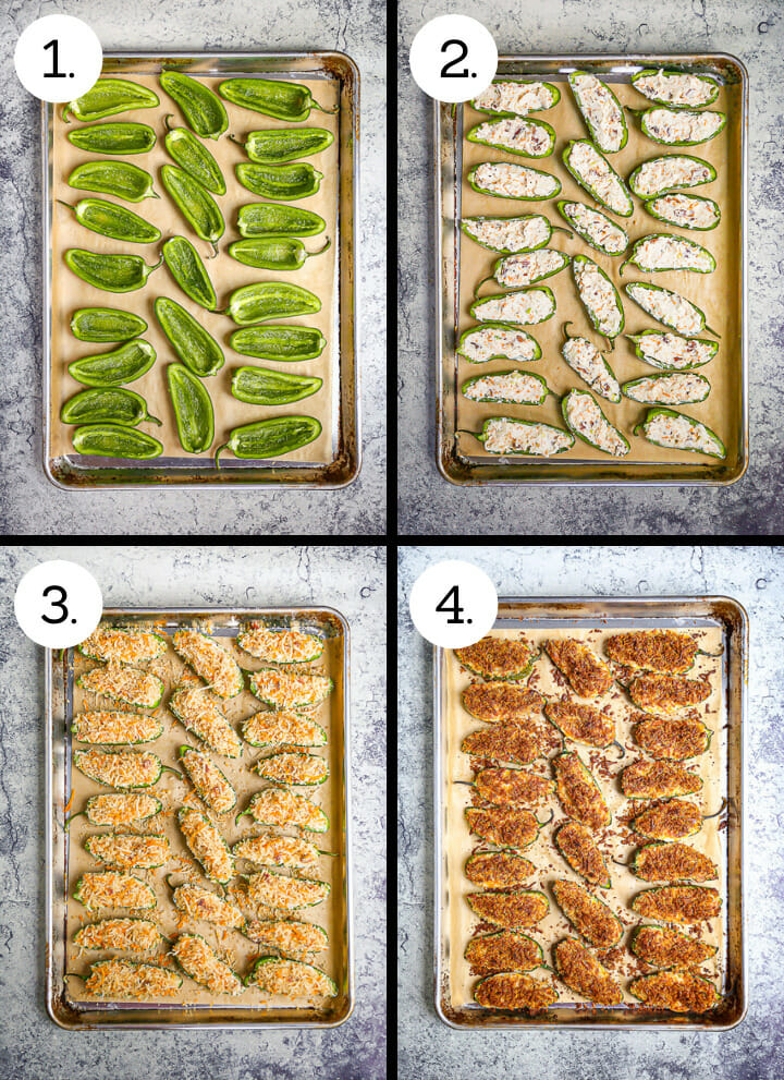 Step by step photos showing how to make Bacon and Cheddar Jalapeno Poppers. Halve and seed the jalapeños (1), fill the jalapeños (2), top with panko topping (3), bake until hot and browned (4).
