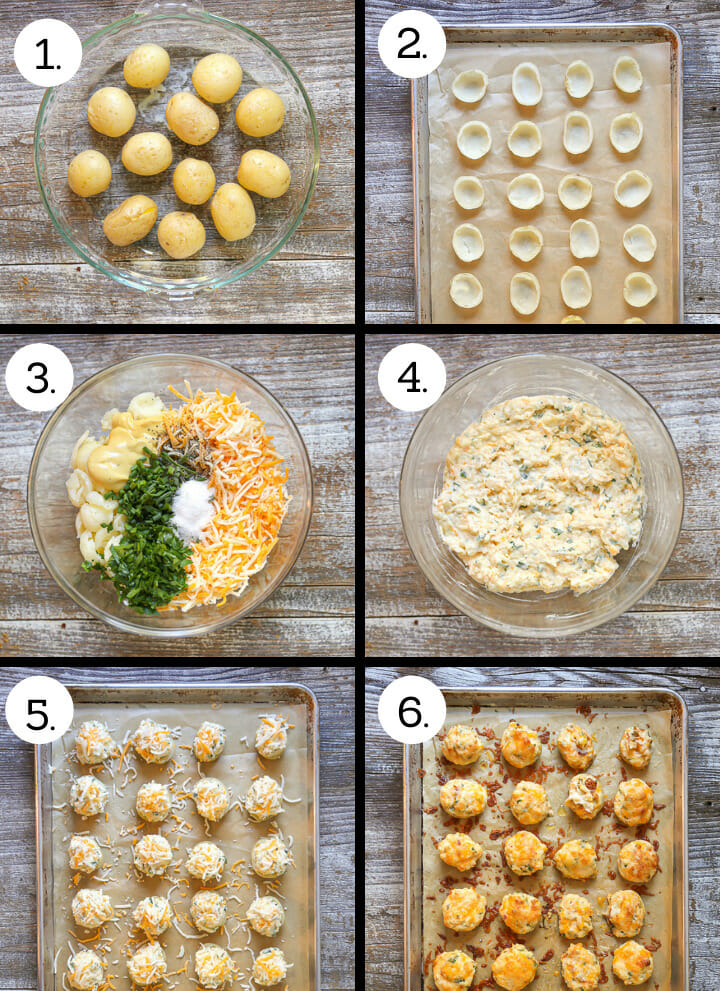 Step by step photos showing how to make Mini Cheesy Twice-Baked Potatoes.