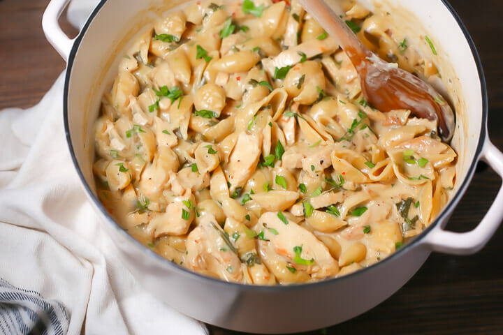 Chicken and pasta in a creamy sauce.