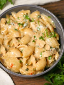 A serving bowl One Pot Creamy Chicken Pasta