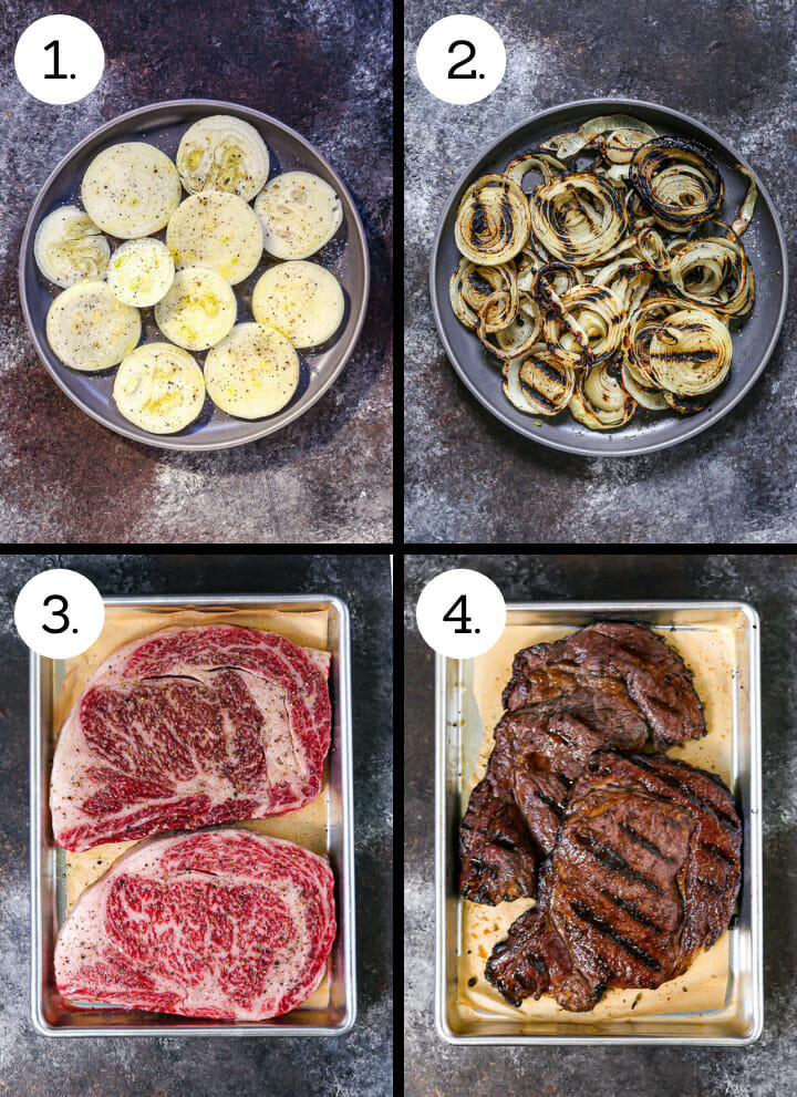 Step by step photos showing how to make grilled steak sandwiches. Slice the onions and brush with oil (1), grill until charred (2), Season the steak (3), Grill until medium rare (4).