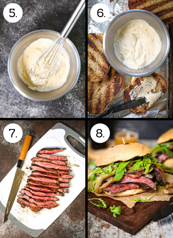 Step by step photos showing how to make grilled steak sandwiches. Whisk the aioli (5), Spread the grilled buns with the aioli (6), Slice the steak (7), assemble the sandwiches (8).