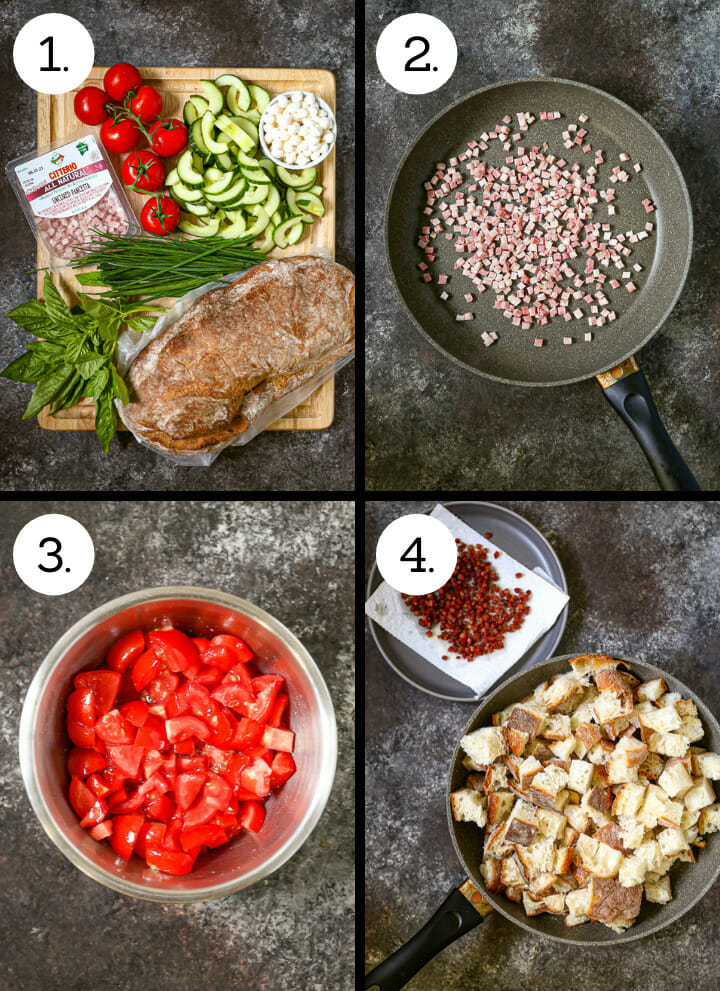 Step by step photos showing how to make Garden Vegetable and Pancetta Panzanella. Gather ingredients (1), saute pancetta (2), Toss the tomatoes with salt. (3), drain the pancetta and add the bread to the pan (4).