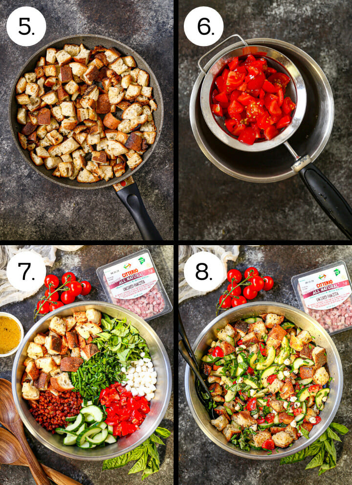 Step by step photos showing how to make Garden Vegetable and Pancetta Panzanella. Toast the bread (5) Drain the tomatoes (6) Combine ingredients and make dressing (7), toss everything together and let stand for at least 30 minds (8)