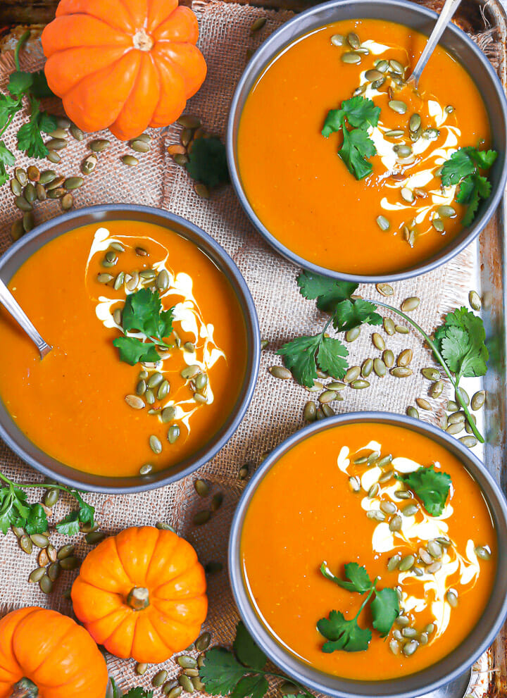Easy Curried Pumpkin Soup garnished and ready to serve.