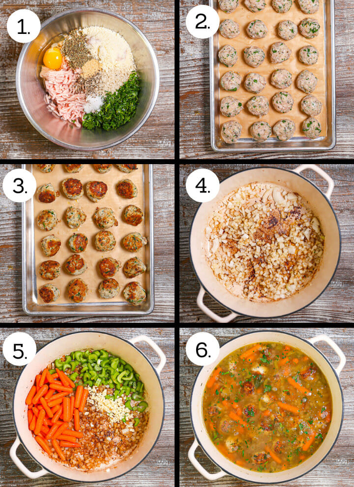 Step by step photos showing how to make Chicken Meatball Soup. Combine the meatball ingredients (1), roll into balls (3) fry the meatballs (3), saute the onions and garlic (4) add the veg (5), add the remaining ingredients and the meatballs and simmer (6).