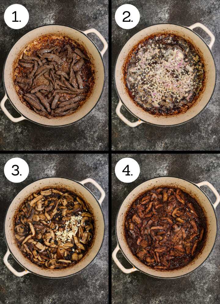 Step by step photos showing how to make Beef Stroganoff. Brown the steak (1), saute the shallots (2), saute the mushrooms and garlic (3), deglaze with red wine (4).