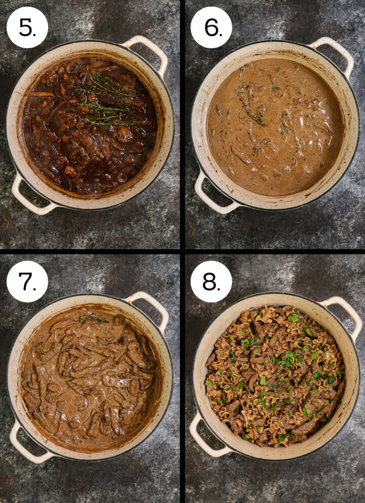 Step by step photos showing how to make Beef Stroganoff. Add the stock and thyme (5), stir in the sour cream (6), return the steak to the pan (7), mixing the pasta and garnish with parsley (8)