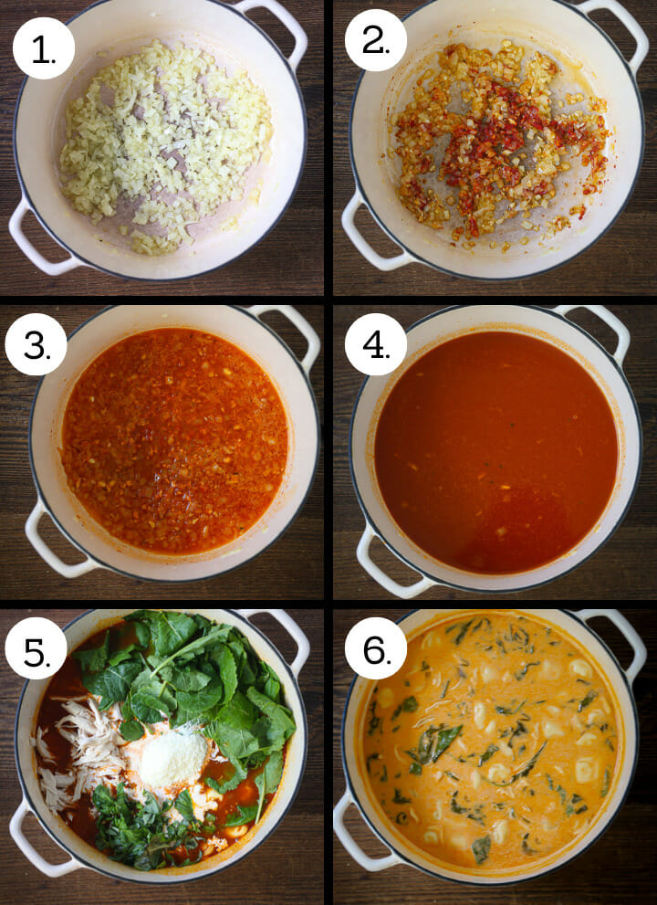Step by step photos showing how to make creamy chicken tortellini soup. Saute the onion (1), add garlic and tomato paste (2), deglazed with wine (3) add tomato sauce and stock (4), add remaining ingredients (5) simmer and serve (6)