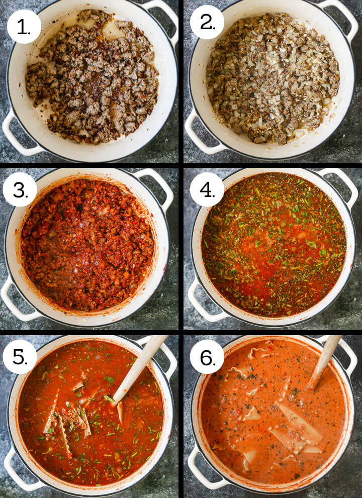 Step by step photos showing how to make lasagna soup. Brown the sausage (1) Cook the onion and garlic (2) stir in tomato paste (3) add liquids and seasonings (4) add noodles (5) finish with cream and parmesan.