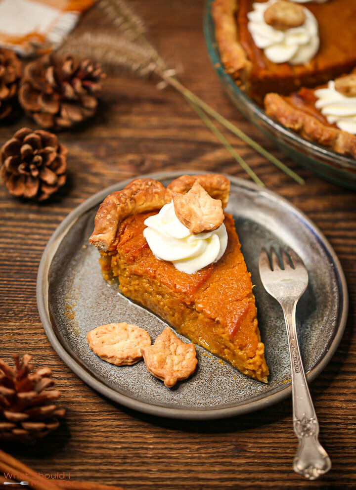A slice of sweet potato pie with marshmallow whipped cream on a plate with pinecones scattered around.