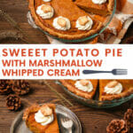 This classic sweet potato pie with marshmallow whipped cream is the perfect addition to your Thanksgiving menu or anytime you're craving a slice of heaven!
