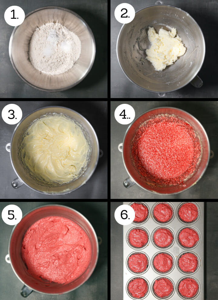 Step by step instructions showing how to make strawberry cupcakes. Whisk the dry ingredients together (1), Cream the butter and sugar (2), beat in the eggs (3), beat in the strawberry puree, sour cream and food coloring (4), add the dry ingredients (5), fill the cupcake liners.